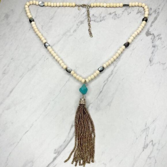 Chico's Cream Beaded Faux Turquoise Gold Tone Tassel Pendant Statement Necklace - Picture 1 of 11
